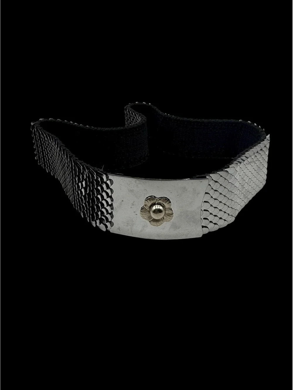 Vintage 1980s 1970s Stretch Belt, Silver Fish Scales and Buckle, Adjustable
